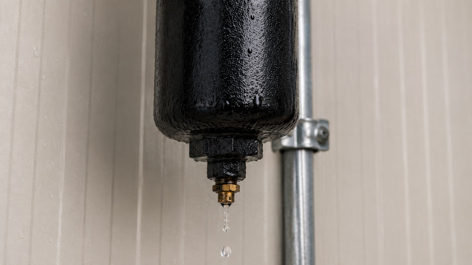 ドレンバルブから水が滴っている様子